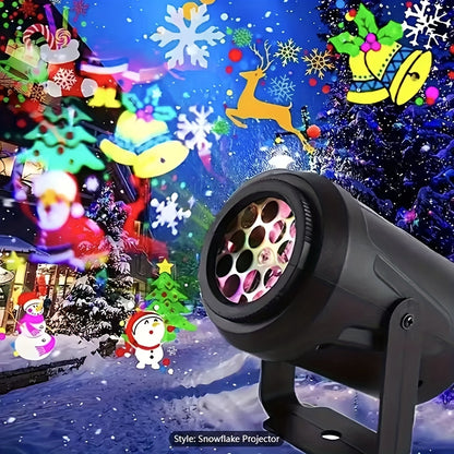 Christmas Projector Light with 16 LED Patterns - Featuring Snowflakes, Snowman, Reindeer, Christmas Tree, Santa Claus - Ideal for Parties, Weddings and Home Decor, USB Powered, Semi-Embedded Installation