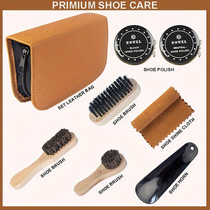 8pcs Premium Faux Fur Shoe Shine Kit - PU Case with Polish, Brushes, and Cloth for Boot Care (Cloth Color May Vary)