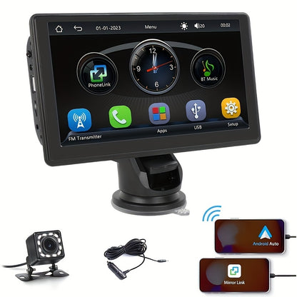 Portable 7-Inch HD CarPlay Screen with Wireless Connectivity, Bluetooth, Mirror Link, FM Transmitter & Multiple Inputs – Universal Fit for All Vehicles