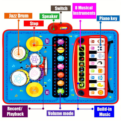 Dual-Function Kids Piano and Drum Play Mat - Educational Music Toy for Toddlers - Polyester Fiber, Pink and Blue - Enhances Musical Sensitivity, Perfect for Ages 0+, Ideal Holiday and Birthday Gift