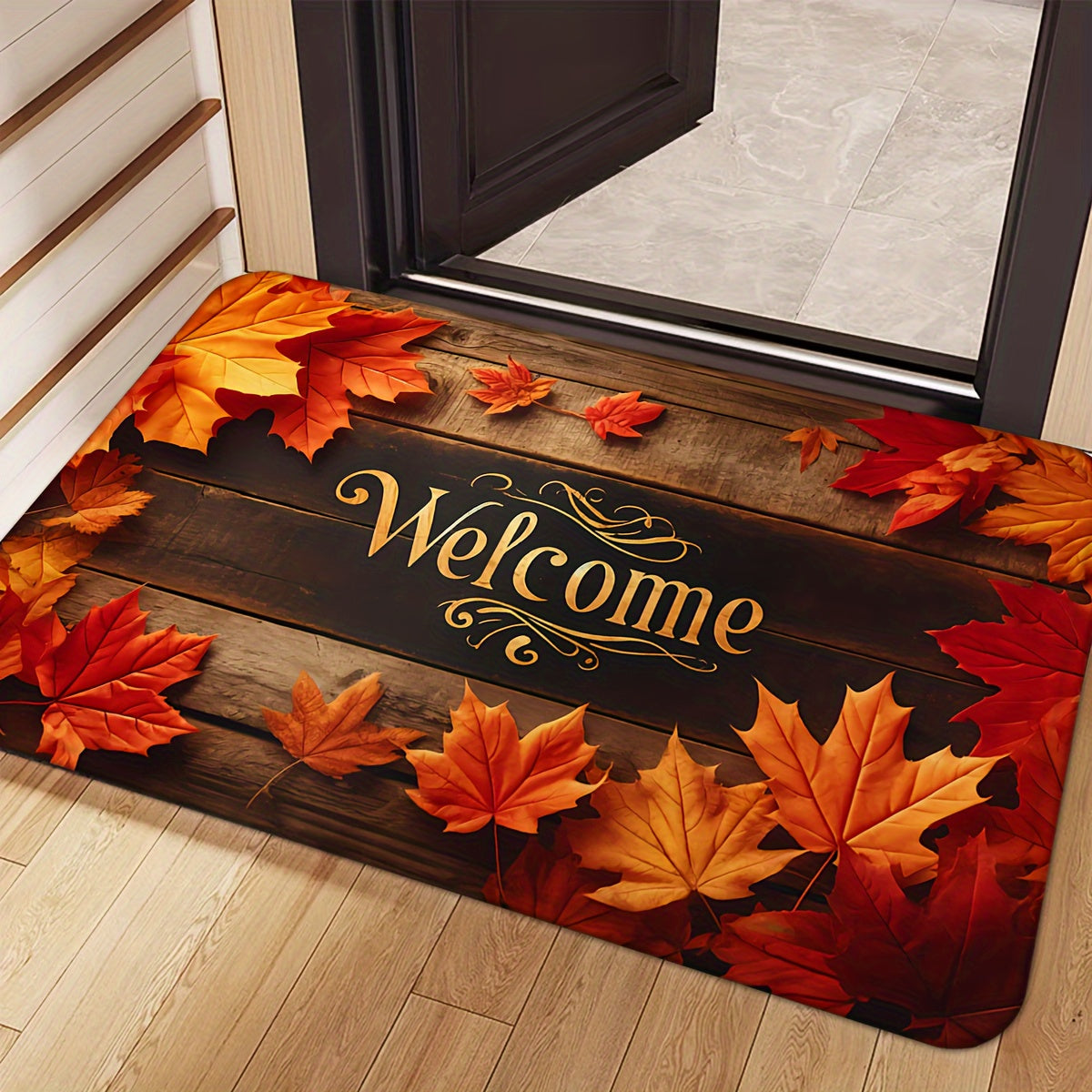 Autumn Maple Leaves Welcome Doormat – Non-Slip, Machine Washable Polyester Flannel Mat, Durable and Fade Resistant for Living Room, Bedroom, Kitchen