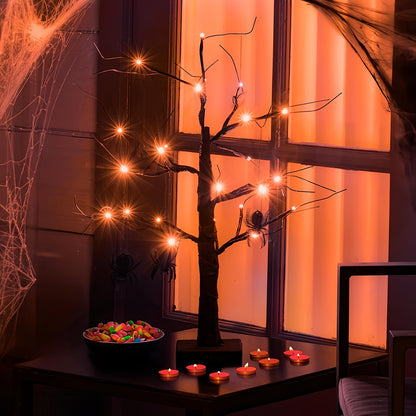 2ft LED Ghost Tree – Spooky Black and Orange Halloween Decoration – Battery-Powered Tabletop Light-Up Tree for Indoor Home Decor