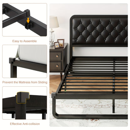 12" Heavy Duty Metal Bed Frame with Luxurious Button Tufted Upholstered Headboard – No Box Spring Needed, Sturdy Construction, Ample Storage Space, Easy Assembly