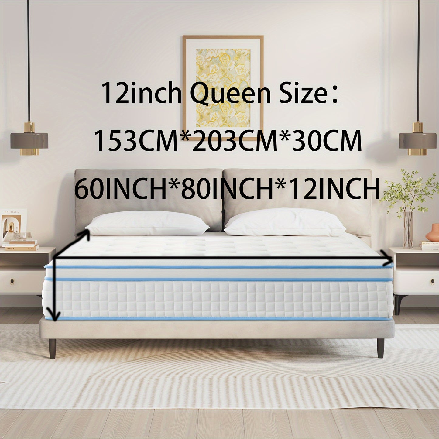 12-Inch Queen Size Plush Memory Foam Spring Hybrid Mattress - Nonslip Pads for Ultimate Comfort - Soft, Breathable, Pressure-Relieving, Cooling, and Supportive with Durable Cotton Cover