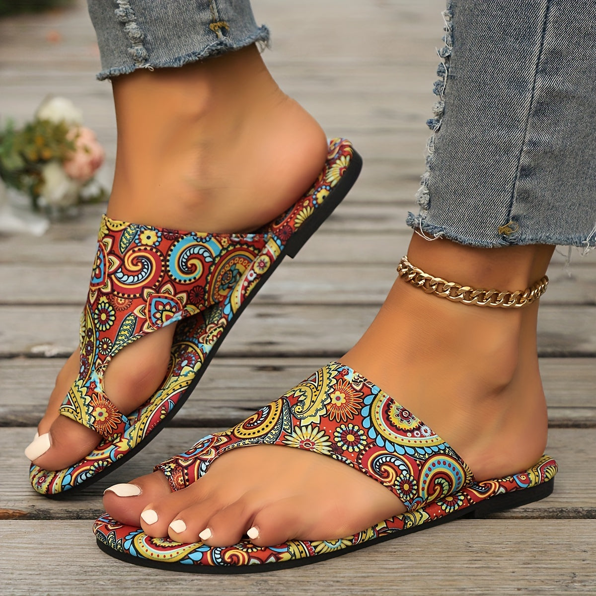 Women's Bohemian Flat Sandals – Colorful Patterned Summer Slip-On Slides – Casual Open Toe Beach Footwear