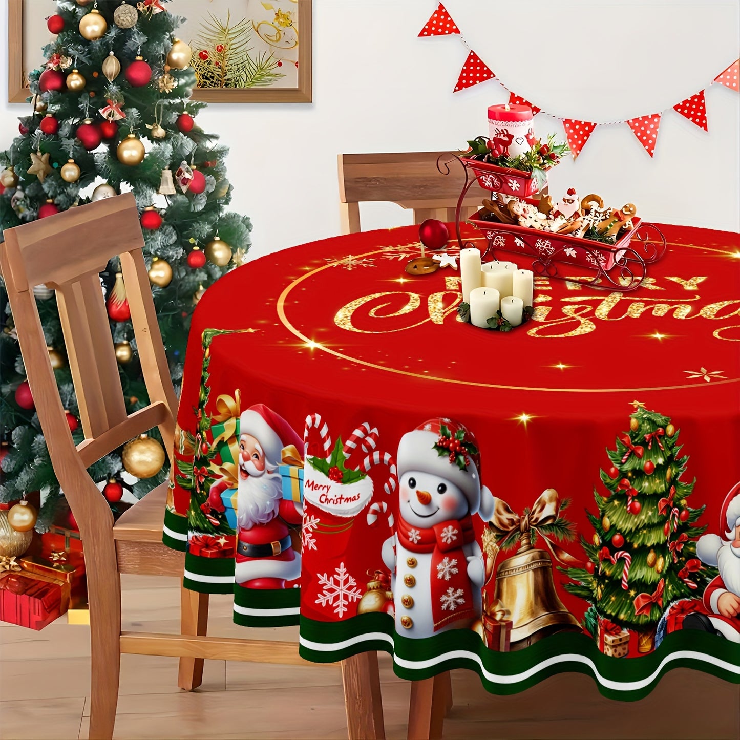 Merry Christmas Tablecloth - Waterproof and Stain-Resistant Polyester with Red and Golden Stars, Santa, Tree, Gingerbread and Snowman Designs, Ideal for Holiday Dining and Decor