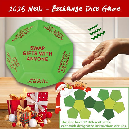 Christmas Party Favor Dice - 3x3 Inch Santa Gift Exchange Game with 12 Unique Sides for Holiday Fun and Family Entertainment