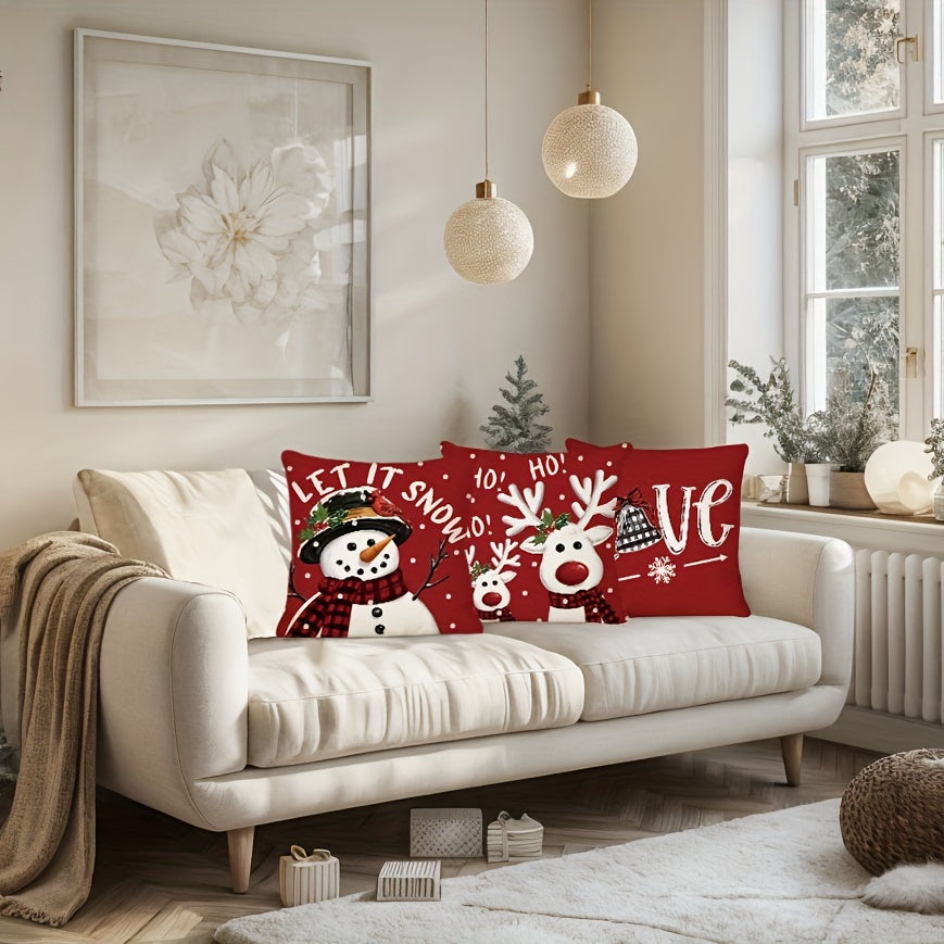 4pcs Merry Christmas Throw Pillow Covers - Reindeer, Snowman, Buffalo Plaid Print, 18x18in, Winter Holiday Farmhouse Decor for Porch, Patio, Couch, Sofa