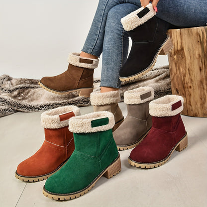 Vintage Style Women's Ankle Boots - Winter Casual, Chunky Heel, Plush Lining, TPR Sole, Hand Washable