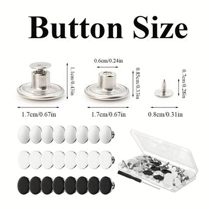 24 Pack Instant Buttons – No Sewing, Removable – Ideal for Jeans, Shirts and Jackets – Includes Box and Screwdriver – Metal Material