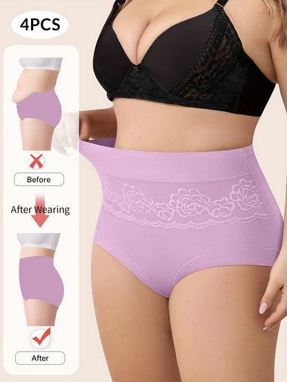 6 Piece Plus Size High-Waist Tummy Control Panties for Women - Breathable Mesh with Elegant Rose Pattern, Comfort Fit