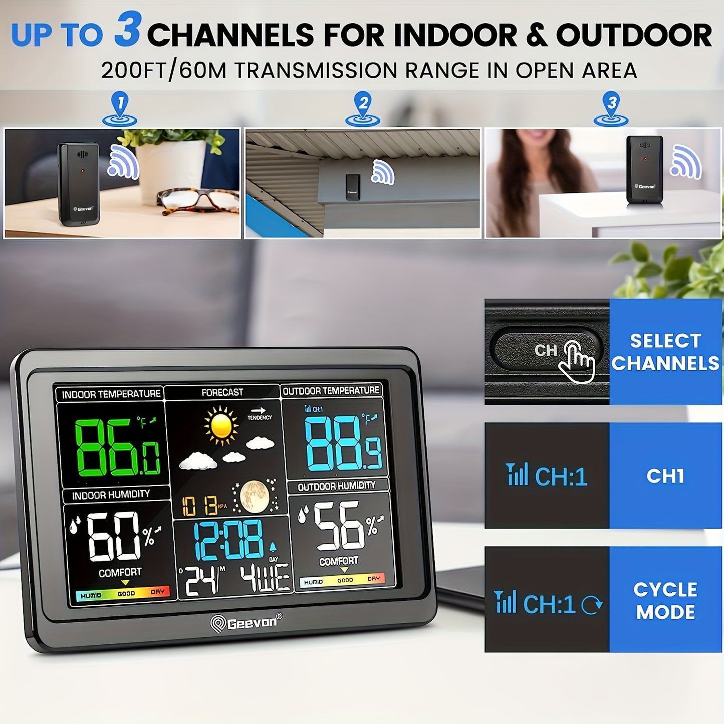 Geevon Digital Weather Station - Indoor/Outdoor Thermometer with Color Display, Barometer, Calendar, USB Charging and Adjustable Backlight