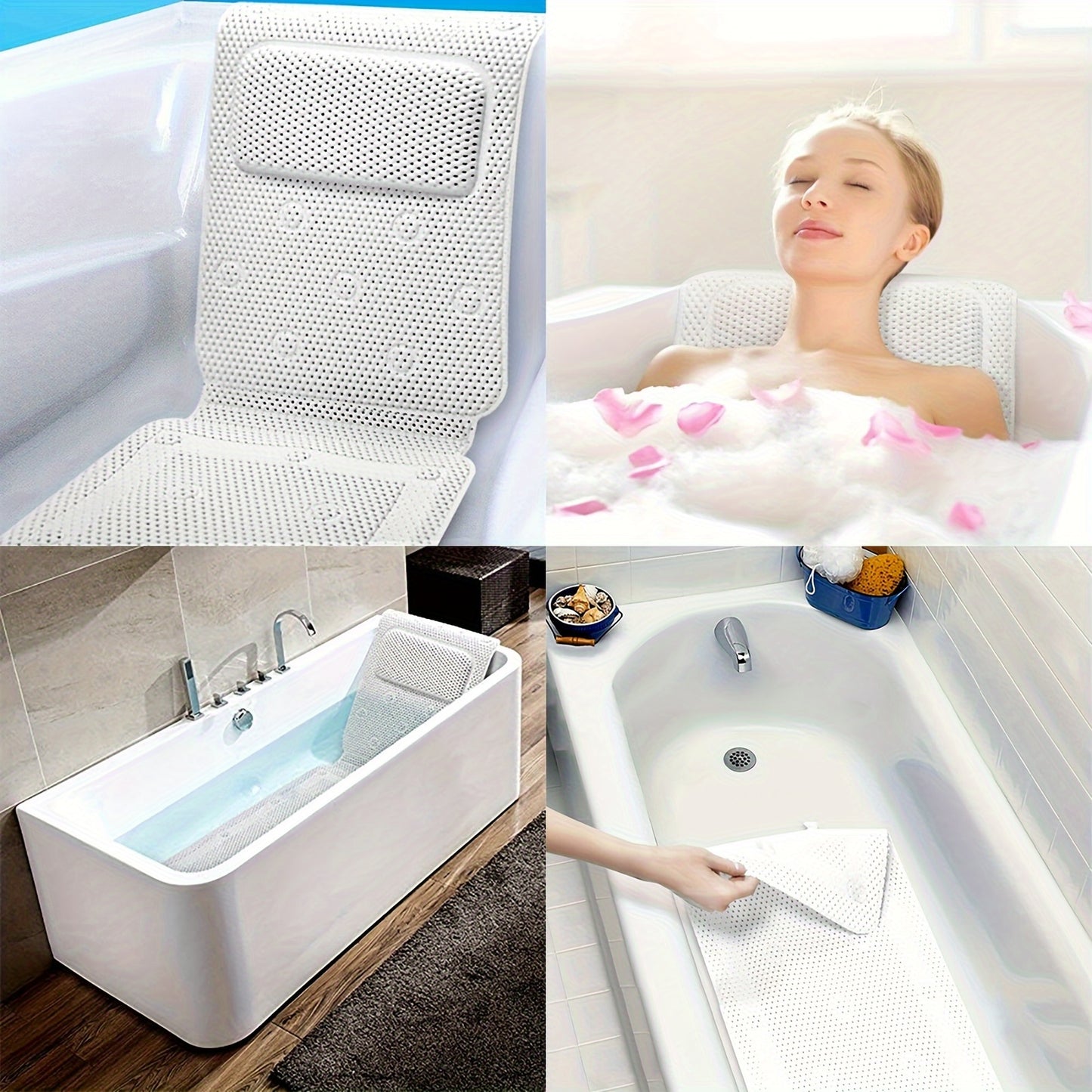 Full Body Bath Pillow with 30 Non-Slip Suction Cups – 3D Air Mesh Spa Bathtub Mattress Pad for Head and Neck Rest, Breathable and Comfortable Cushion