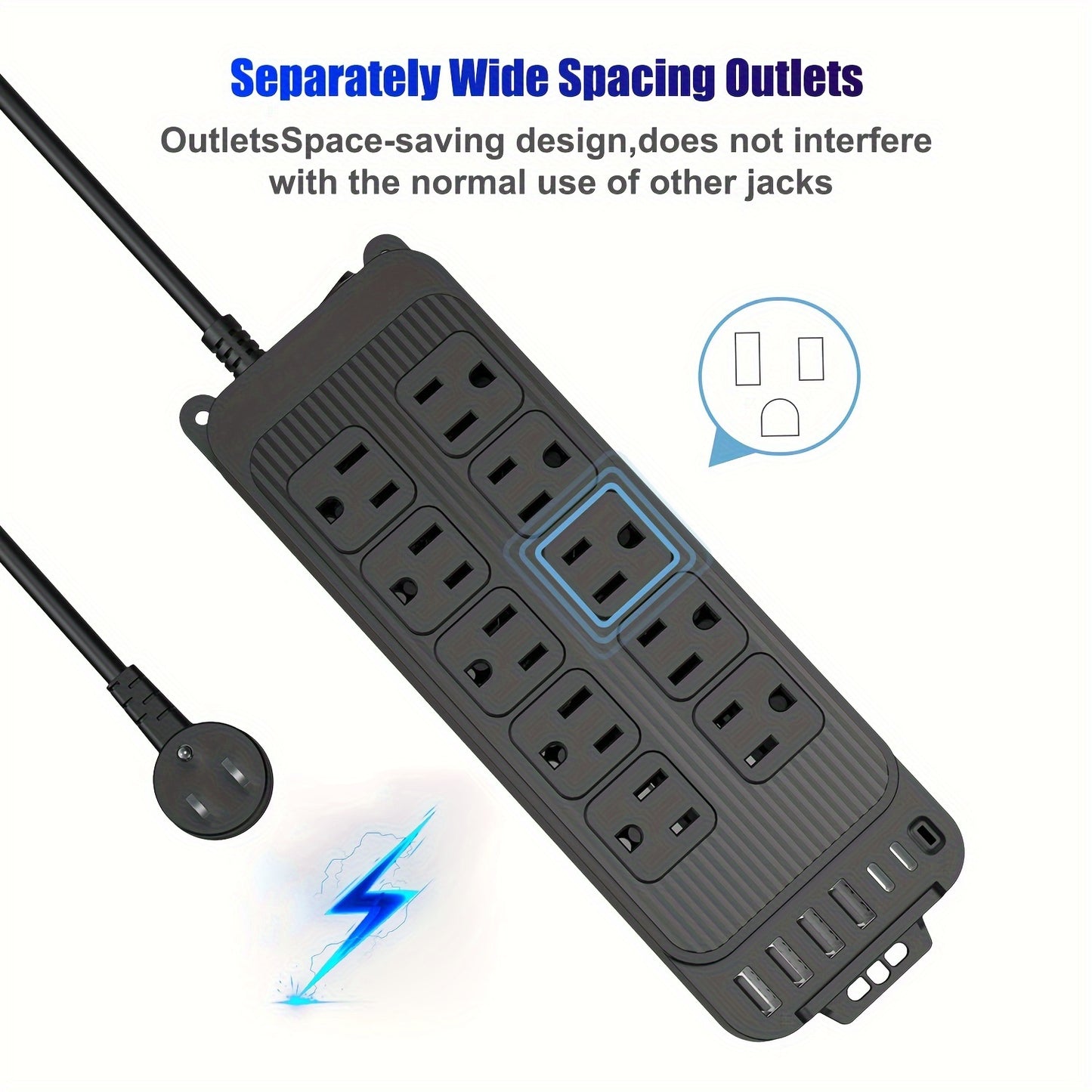 Flat Plug Power Strip with 4 Ft Extension Cord: 10 Outlets & 6 USB Ports (2 USB-C) Desk Charging Station, Compact Surge Protector for Home, Office, and Travel