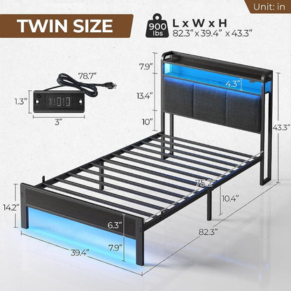 Greenstell Bed Frame with Charging Station and LED Lights - Twin, Full, Queen, King Sizes, PU Leather/Neutral Linen Headboard, Storage Shelves, Heavy Duty Metal Slats, No Box Spring Needed, Noise-Free