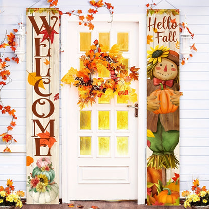 2pcs Scarecrow Welcome Banner Set – Autumn Harvest and Thanksgiving Decor, Durable Polyester, 12x70.8 Inches for Front Door and Outdoor Use