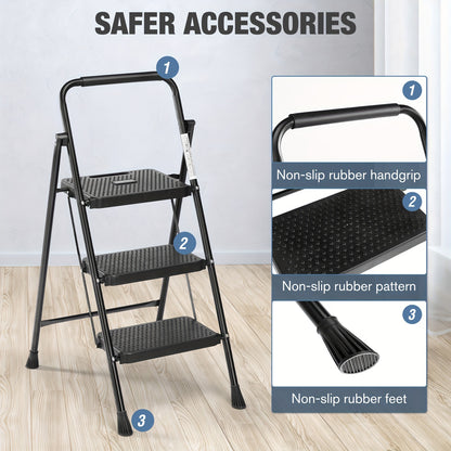 Heavy-Duty 2-3 Step Folding Ladder - 800lbs Steel Construction, Wide Anti-Slip Pedal, Lightweight Portable Design, Ideal for Home and Industrial Use - Black