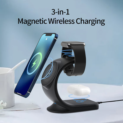 Triple Mode Magnetic Wireless Charger Stand - 3 in 1 Fast Charging for iPhone 16/15/14/13/12, iWatch SE/8/7/6/5/4/3/2, and AirPods, Compact and Safe Charging Solution