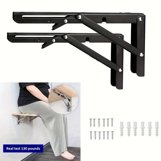 2-Piece Heavy-Duty Steel Folding Shelf Brackets – Space-Saving L-Shaped Table Hinge, Wall-Mounted with Screws, Sturdy and Adjustable