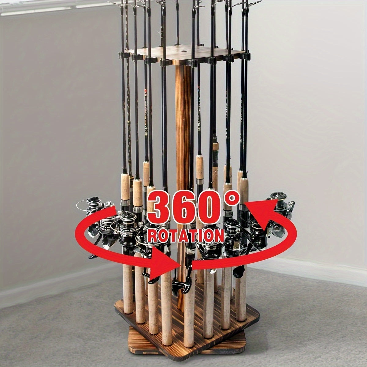 360-Degree Swivel 16-Rod Fishing Pole Storage Rack - Wooden Vertical Holder for Garage & Gear Organization - Secure Floor Stand Design