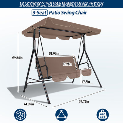 COVERONICS 3-Seat Outdoor Porch Swing – Patio Swing Chair with Adjustable Canopy, Durable Metal Frame, and Removable Cushions – Ideal for Backyard, Terrace, Lawn