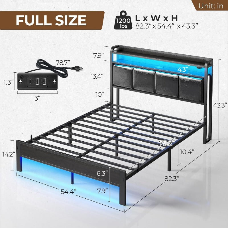 Greenstell Bed Frame with Charging Station and LED Lights - Twin, Full, Queen, King Sizes, PU Leather/Neutral Linen Headboard, Storage Shelves, Heavy Duty Metal Slats, No Box Spring Needed, Noise-Free