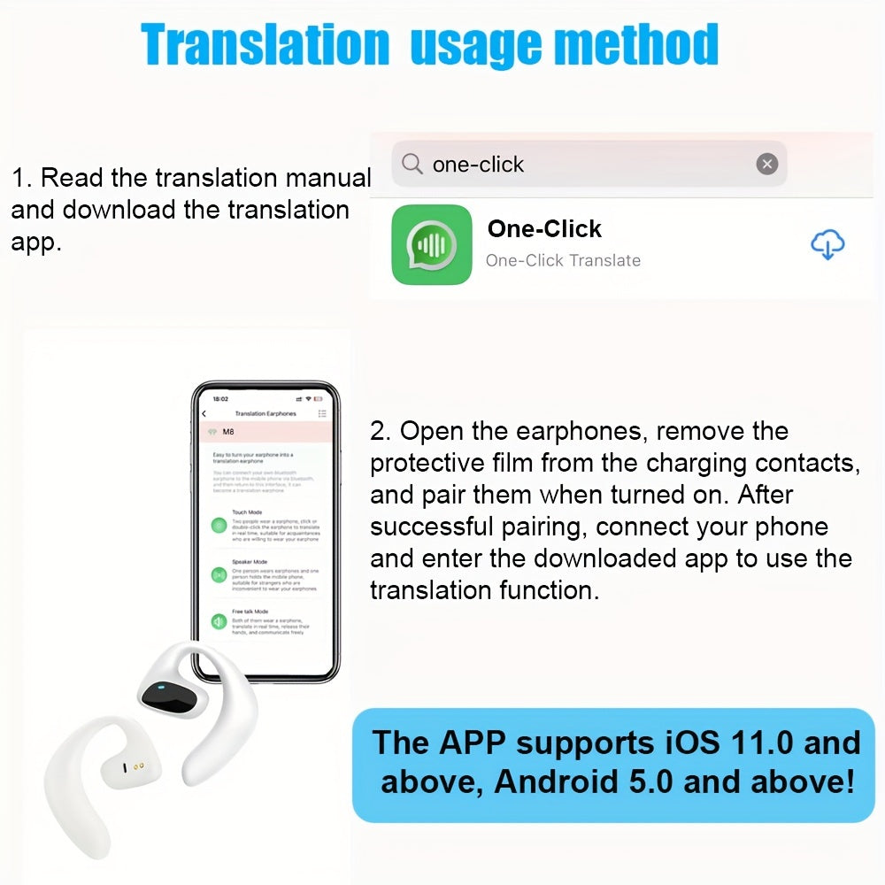 2 Way Real-Time Language Translator Earbuds – Supports 100+ Languages, USB Rechargeable, Long Battery Life – Ergonomic Design for Travel, Learning and Business