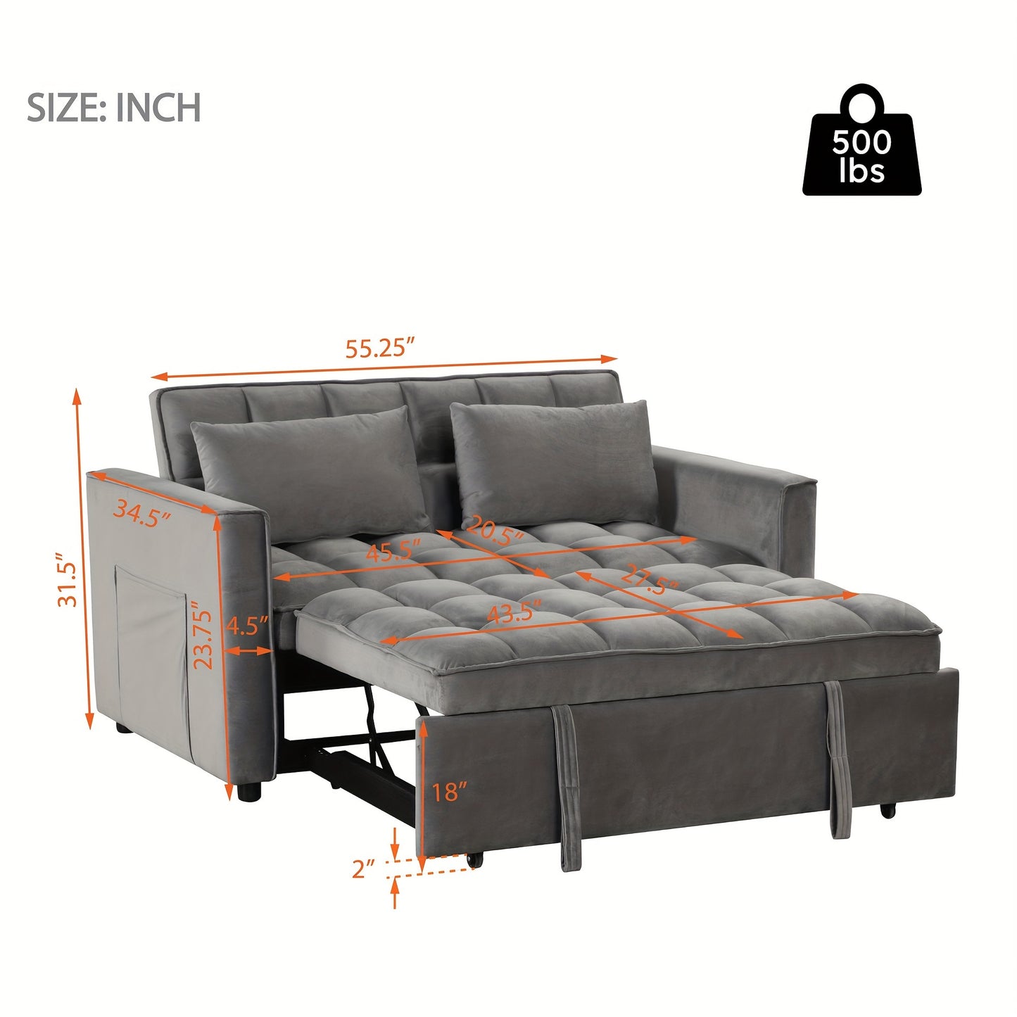 3-in-1 Multifunctional Sofa Bed – Modern Velvet Convertible Sleeper with Adjustable Backrest, Side Storage Pockets and Pillows – Ideal for Living Room