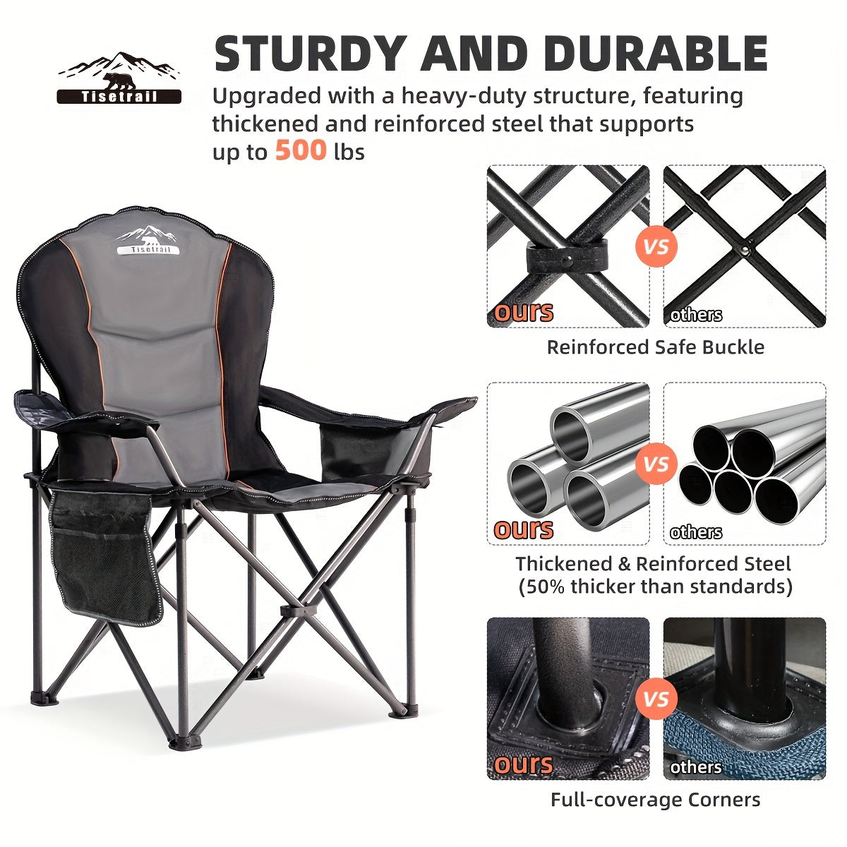 500 LBS Heavy Duty Oversized Camping Chair - Foldable, Padded, Steel Frame, Cross Back, Cup Holder, Oxford Cloth Seat - Wipe Clean, Ideal for Outdoor Events and Festivals