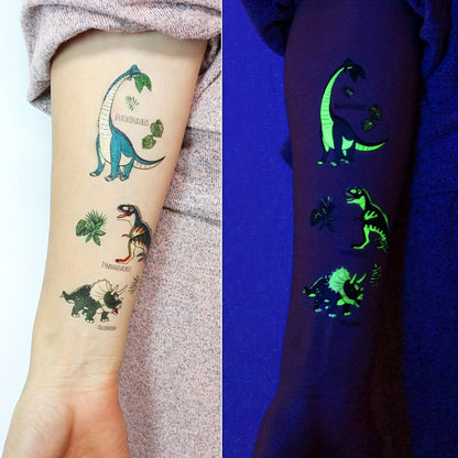 10 Sheets Luminous Dinosaurs Temporary Tattoos - Glow in the Dark T-Rex, Pterosaur, Velociraptor, Triceratops, Stegosaur Designs, Ideal for Dinosaur Birthday Parties and Stocking Stuffers