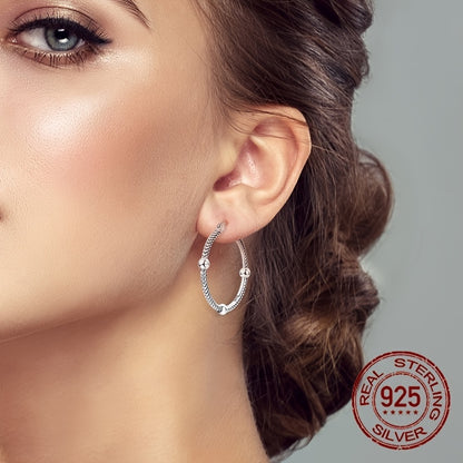 S925 Sterling Silver Trendy Hoop Earrings - Three Ball Snake Bone Design with Sparkly Zirconia, Elegant Luxury Style, Exquisite Wedding Party Jewelry Gift for Women, 2.2g