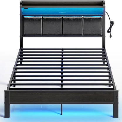 Greenstell Bed Frame with Charging Station and LED Lights - Twin, Full, Queen, King Sizes, PU Leather/Neutral Linen Headboard, Storage Shelves, Heavy Duty Metal Slats, No Box Spring Needed, Noise-Free