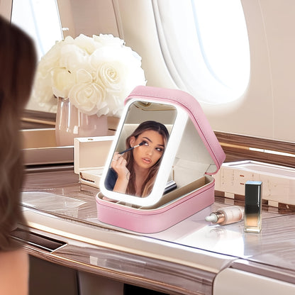 Multifunctional Travel Cosmetic Mirror Case – Portable Vanity Mirror with 3 Lights, LED Makeup Mirror, and Jewelry Storage Bag