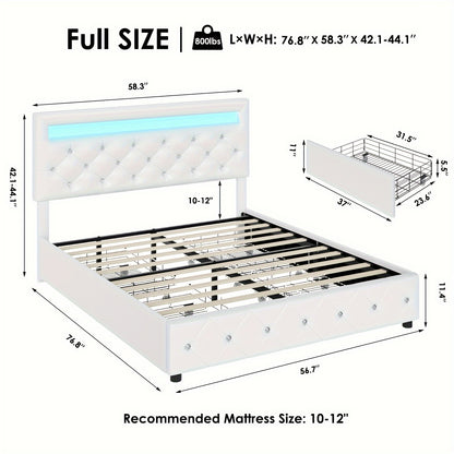 Upholstered Bed Frame with LED Lights Headboard – Full/Queen/King Size Platform Bed with 4 Drawers – Crystal Button Tufted, No Box Spring Needed, Faux Leather/Velvet Fabric – White/Black/Velvet Beige