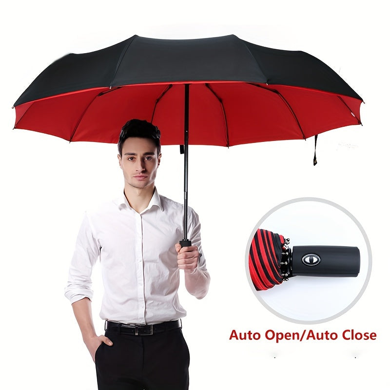 Windproof Travel Umbrella - Sturdy 10-Rib Frame, Automatic, Extra Large Folding Design with UV Protection, Dual Use for Sunny and Rainy Weather