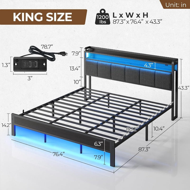 Greenstell Bed Frame with Charging Station and LED Lights - Twin, Full, Queen, King Sizes, PU Leather/Neutral Linen Headboard, Storage Shelves, Heavy Duty Metal Slats, No Box Spring Needed, Noise-Free