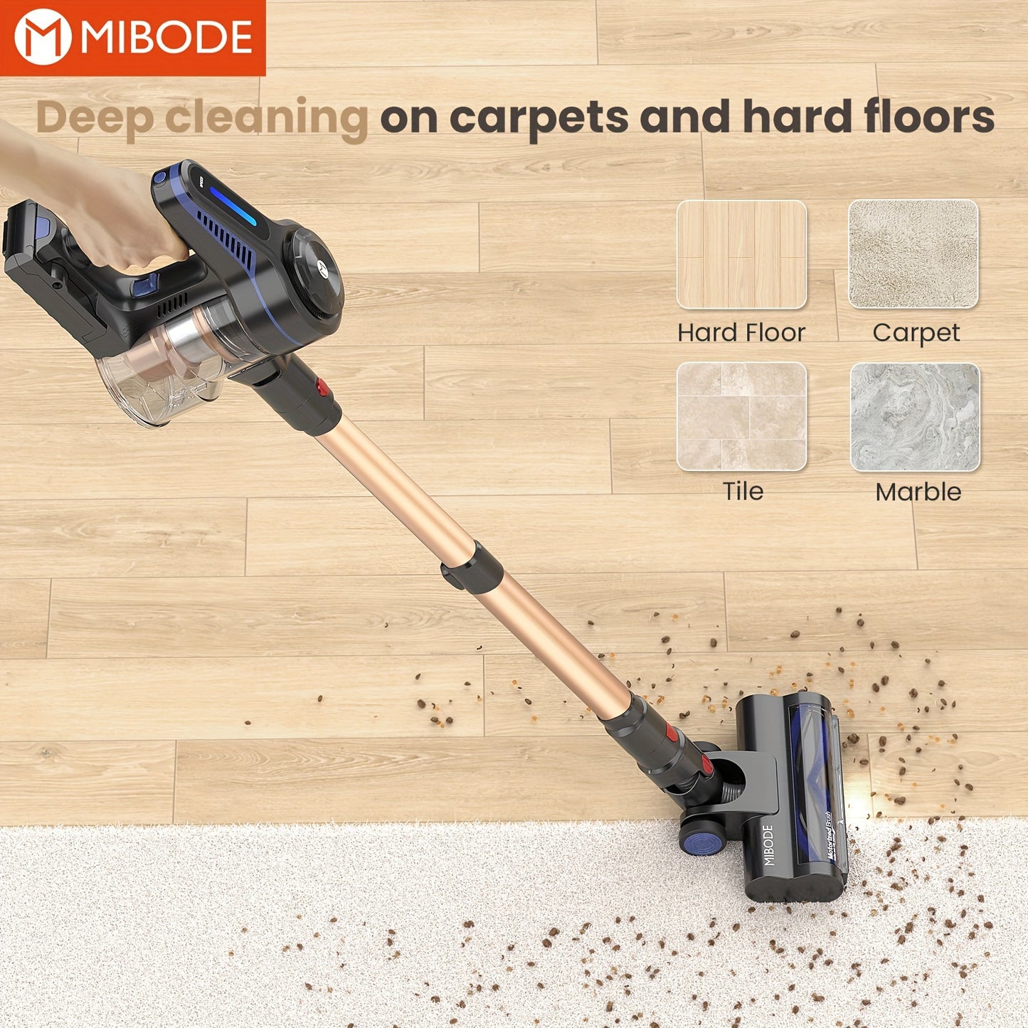 MIBODE Cordless Vacuum Cleaner - 26Kpa Powerful Stick Vacuum, 45min Runtime, Anti-Tangle, Rechargeable Wireless, 50.72oz Dust Cup, For Hardwood Floors, Carpet and Pet Hair