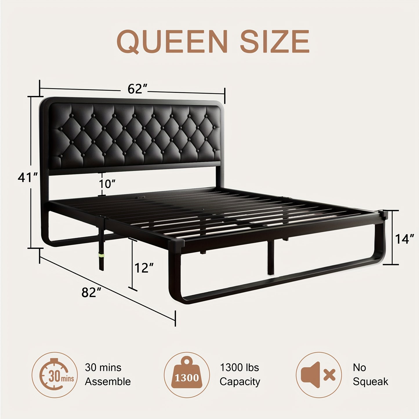 12" Heavy Duty Metal Bed Frame with Luxurious Button Tufted Upholstered Headboard – No Box Spring Needed, Sturdy Construction, Ample Storage Space, Easy Assembly