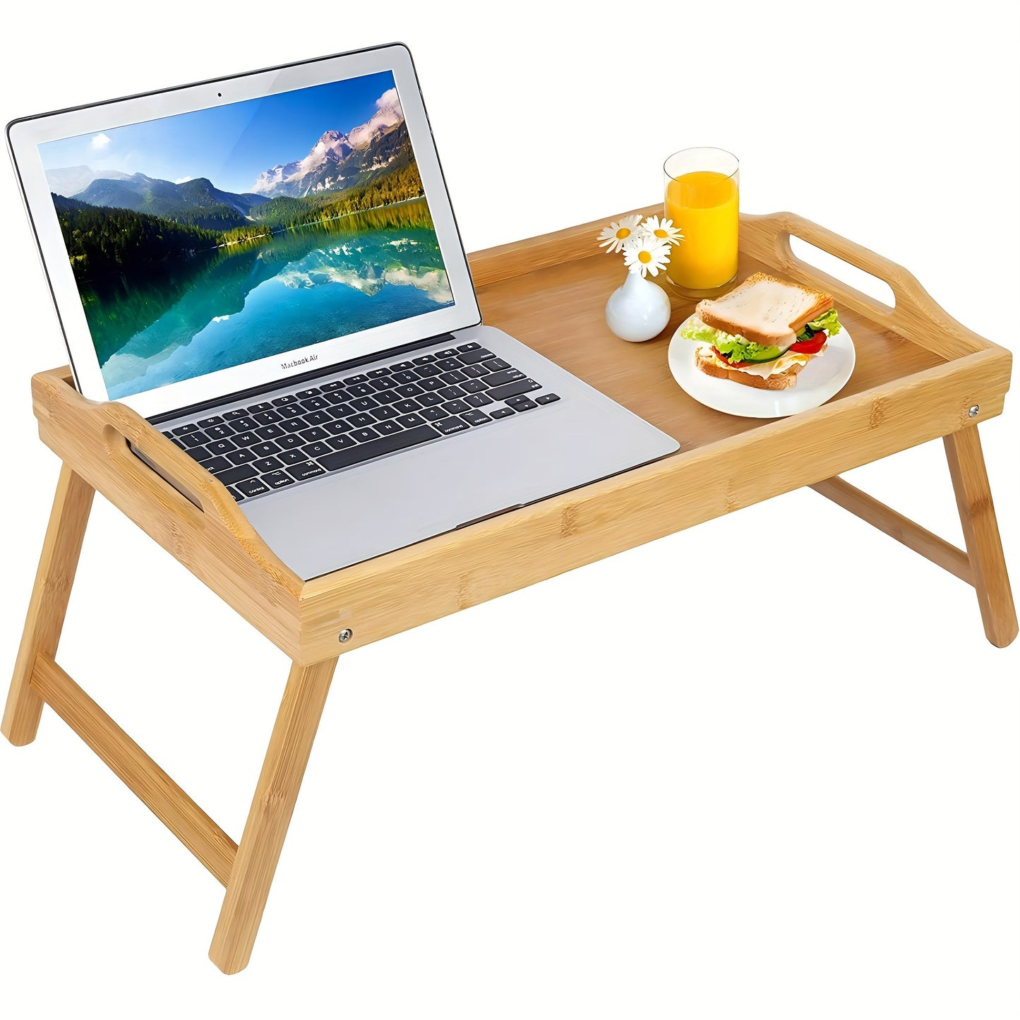 2 Pack Bamboo Bed Tray Tables with Handles – Folding Legs for Breakfast, Eating, Snacking and Working on Sofa or Bed