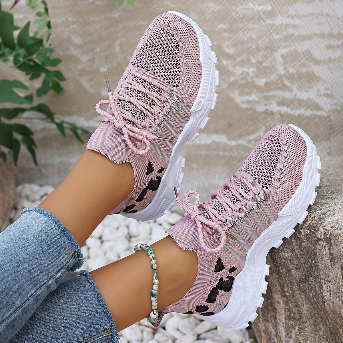 Women's Casual Sports Shoes – Flying Woven Leopard Print, Breathable Lace-Up Running Shoes, Comfortable Platform Sneakers