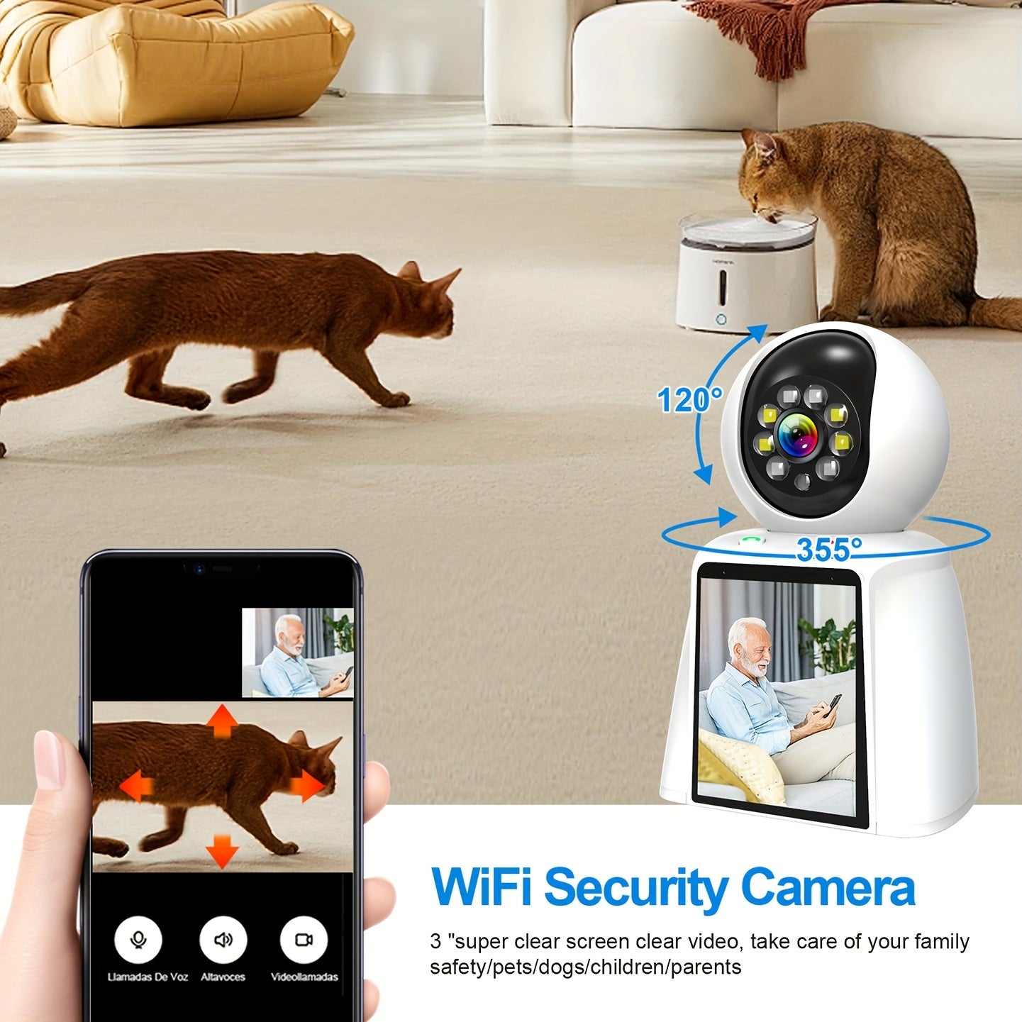 Xparkin ProCare 3MP HD WiFi Pet Camera - 3-Inch Screen, Two-Way Talking, Colorful Night Vision, AI Detection - Wireless Smart Cam for Indoor Home Security, Pet and  Elderly Monitoring