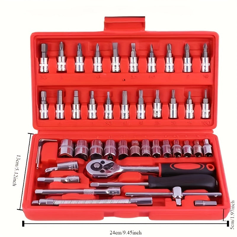 46-Piece 1/4 Inch Drive Socket Ratchet Wrench Set with Bit Sockets and Extension Bar – Includes Storage Case for Auto Repair and Household Use