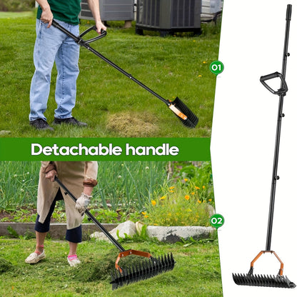 Thatch Rake - 13.4 Inch Wide Lawn Dethatcher with Detachable Handle, Metal Grass Rake for Cleaning Dead Grass and Loosening Soil