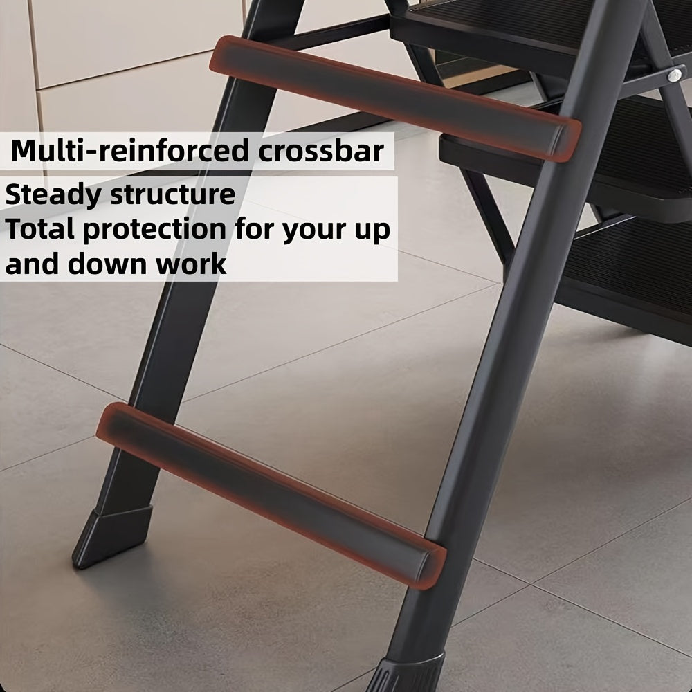 3 Step Folding Ladder - Sturdy Steel Construction, Anti-Slip Pedal, 330 Lbs Capacity, Portable Handrail Support, Ideal for Kitchen, Household and Indoor Tasks, Space-Saving and Easy to Store