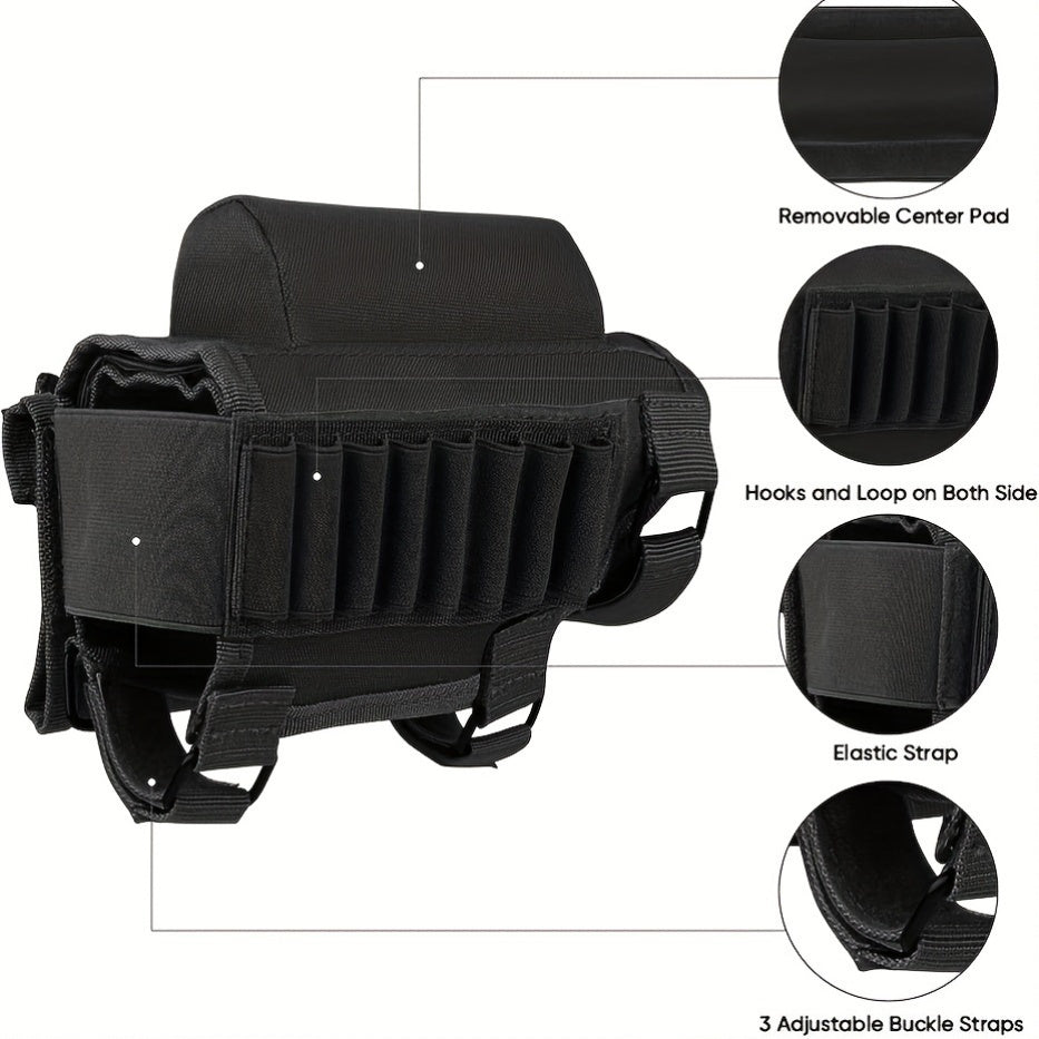 Tactical Rifle Shotgun Cheek Rest with Ammo Carrier – Adjustable Stock Pouch with Removable Pads, 8-Round Bullet Holders for .223/.308/30-06/303/7.62mm – Oxford Cloth, Buckle Closure, 16 Grid Shell Capacity