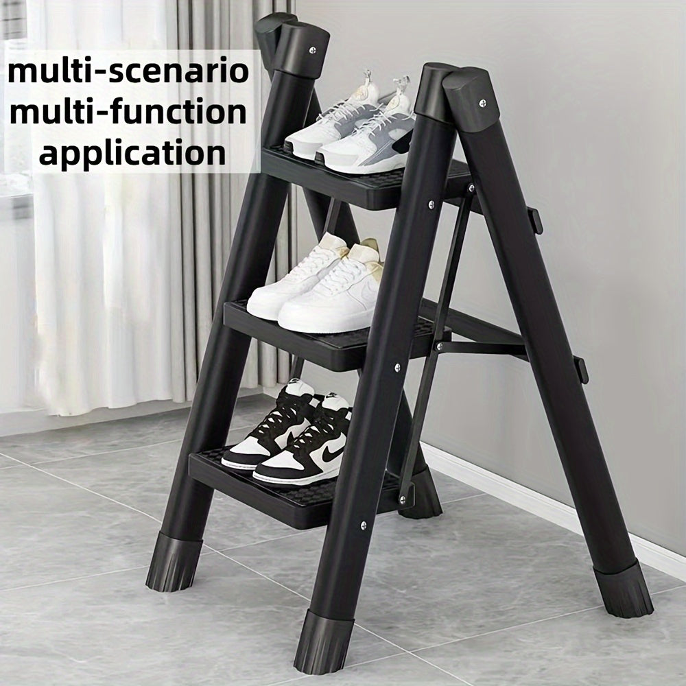 3 Step Folding Ladder - Sturdy Steel Construction, Anti-Slip Pedal, 330 Lbs Capacity, Portable Handrail Support, Ideal for Kitchen, Household and Indoor Tasks, Space-Saving and Easy to Store