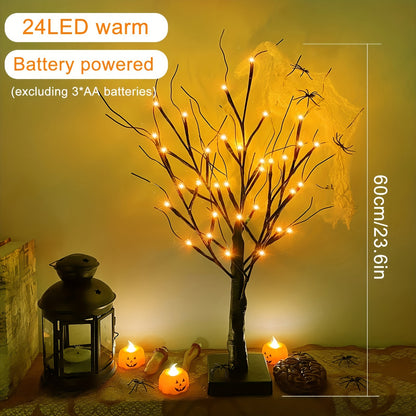 2ft LED Ghost Tree – Spooky Black and Orange Halloween Decoration – Battery-Powered Tabletop Light-Up Tree for Indoor Home Decor