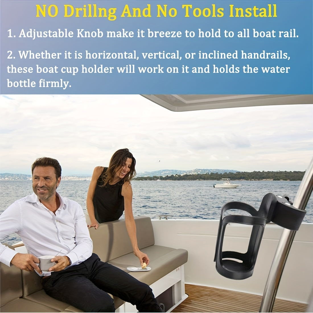 No-Drill Boat Rail Cup Holder - Marine Drink Holder for Pontoon Boats, Kettle Compatible, 3.15 Inch Diameter