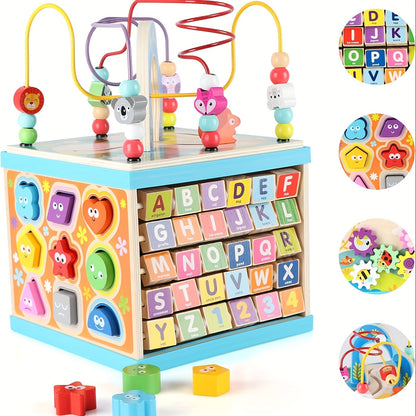 Wooden Activity Cube 5 in 1 - Educational Learning Toys for Toddlers Age 1-2, Includes ABC-123 Abacus, Bead Maze and Shape Sorter for Boys and Girls