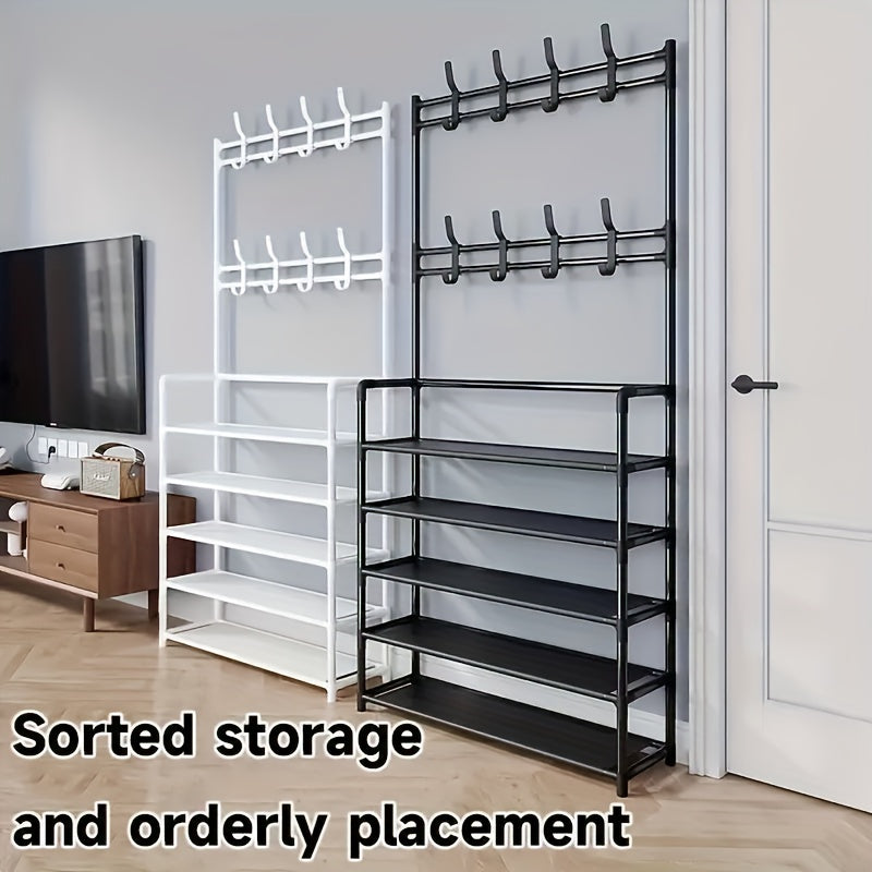 1pc 4/5 Layer 23in Carbon Steel Coat Rack - Multipurpose Coat Hanger and Shoe Shelf, Black/White, Self Assembly Required